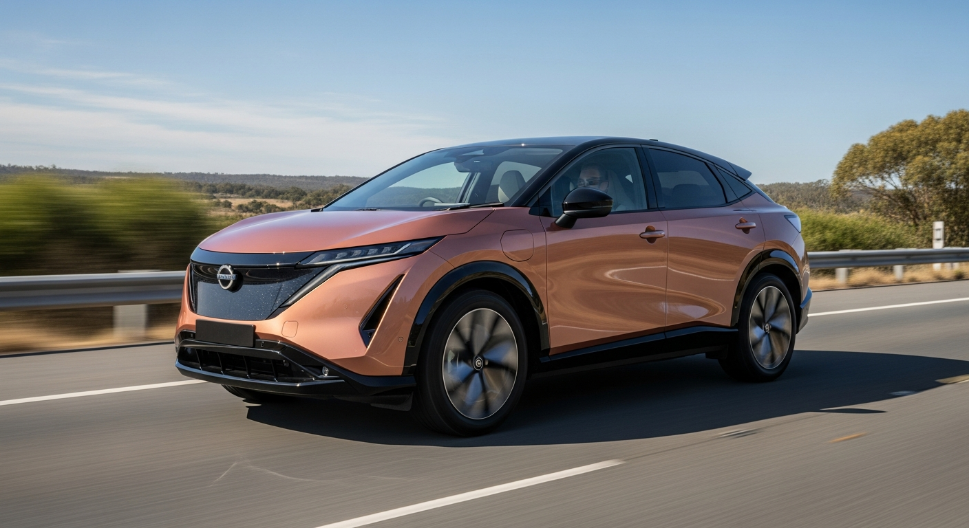 A two-tone Nissan ARIYA electric SUV driving on a bright Australian highway.